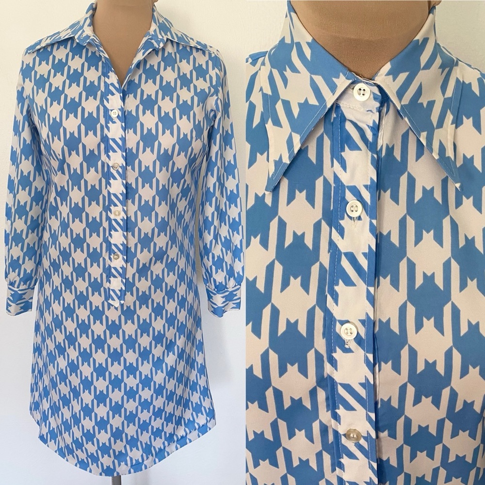 Vintage 60s Gingham Shirtdress *Medium/Large* KENNY CLASSICS Mod Blue Sleeves